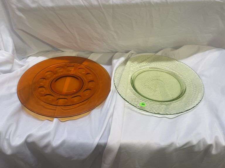 Amber and Green Glass Depression Plates