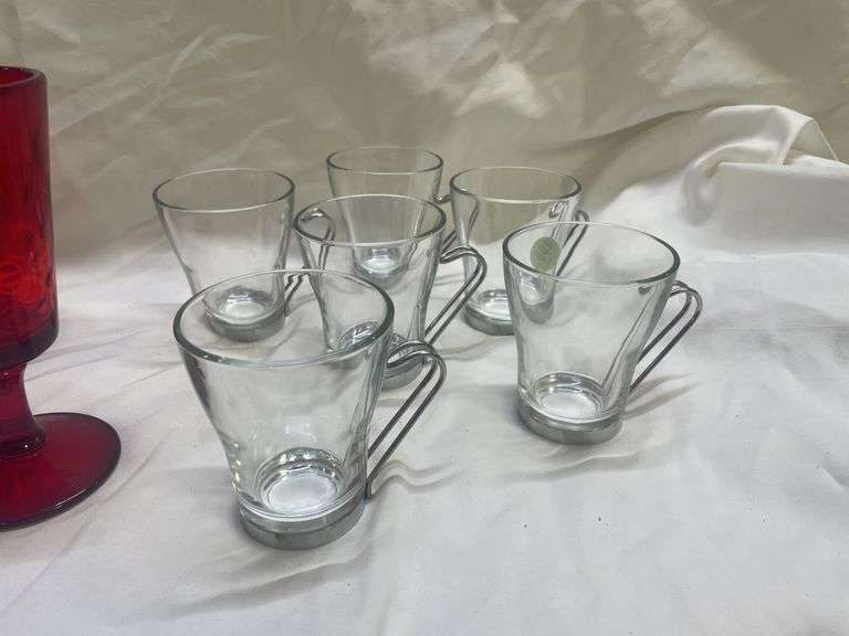 (4) Red Stemmed Goblets and (6) Glass Mugs