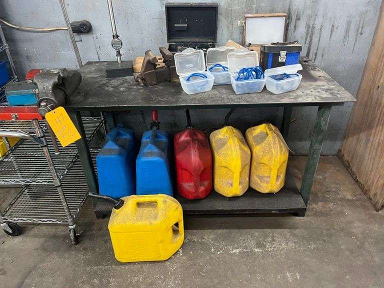 Metal Table with (2) Vises & Contents