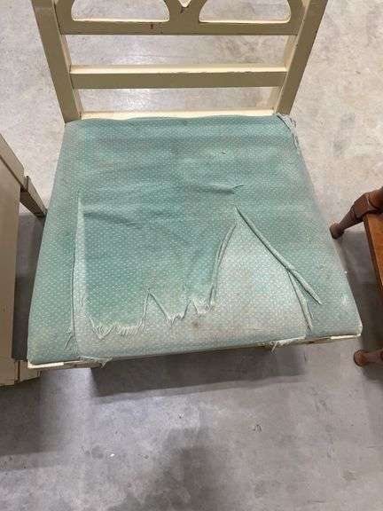 Distressed Off-White Dining Chair with Blue Upholstery