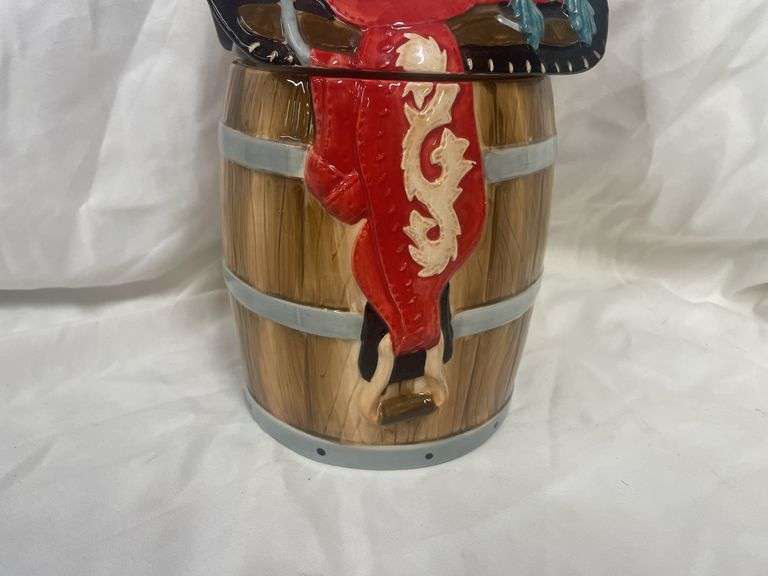 Ceramic Barrel with Saddle Lid Cookie Jar