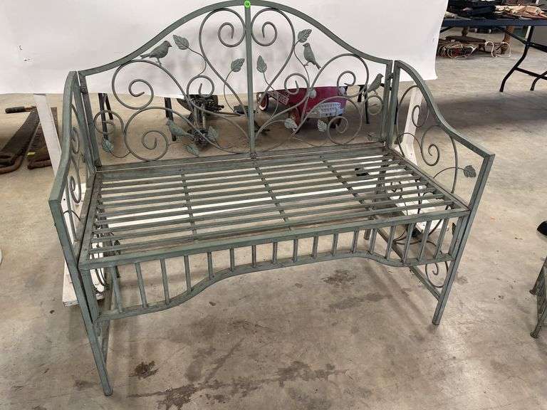 Metal Garden Bench with Bird and Leaf Design