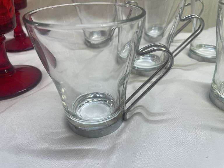 (4) Red Stemmed Goblets and (6) Glass Mugs