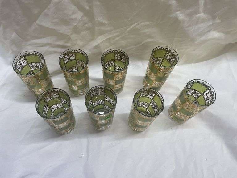 (8) MCM Green & Gold Highball Glasses