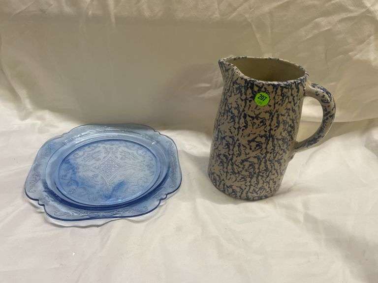 Blue Glass Plate and Stoneware Pitcher