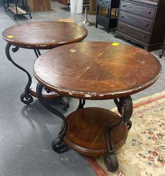 Pair of Round Wood Top Side Tables with Iron Bases