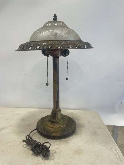 Brass Table Lamp with Floral Glass Shade