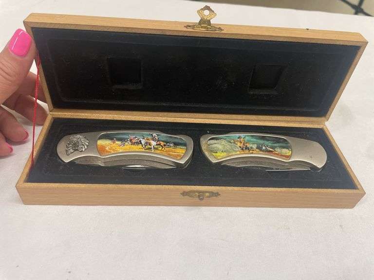 (2) Decorative Pocket Knives in Wooden Case image