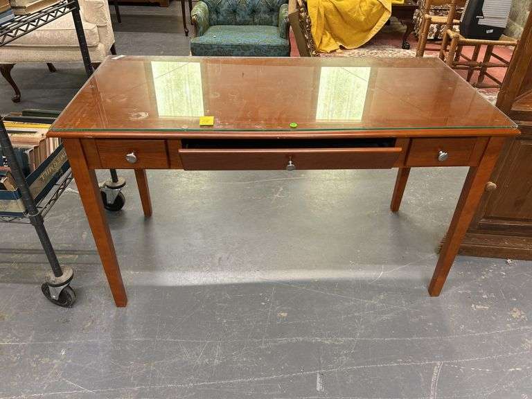 Wood Desk with Glass Top and Drawers