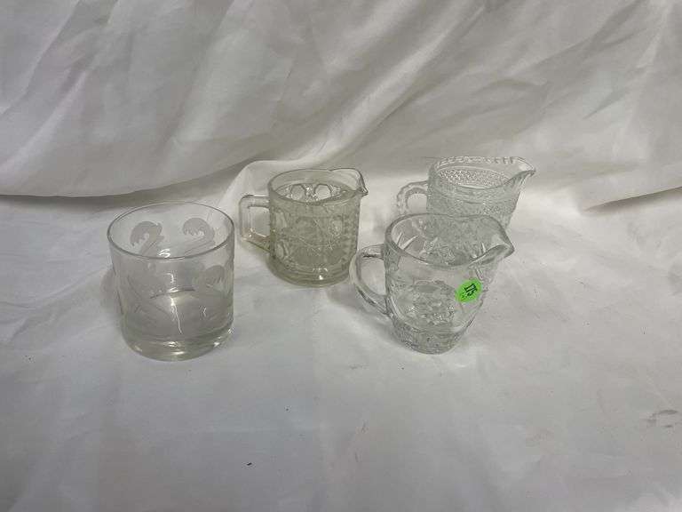 Assorted Glass Creamers and Decorated Tumbler