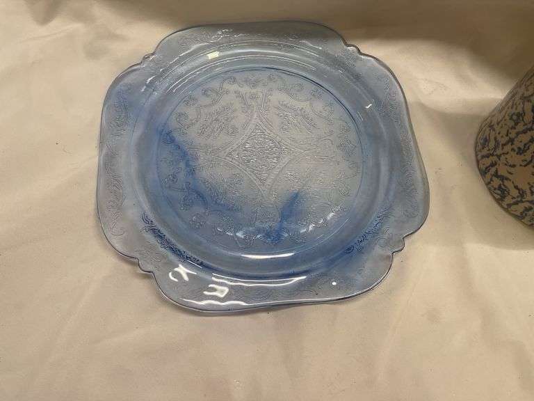 Blue Glass Plate and Stoneware Pitcher