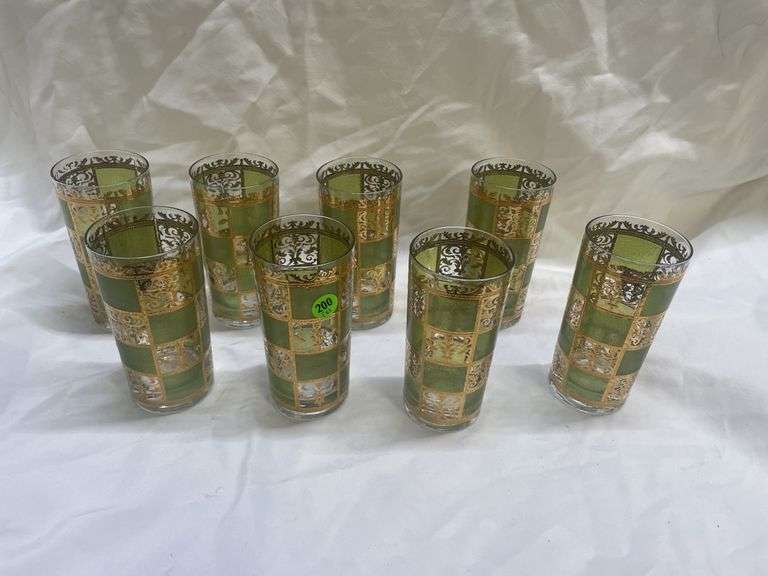 (8) MCM Green & Gold Highball Glasses
