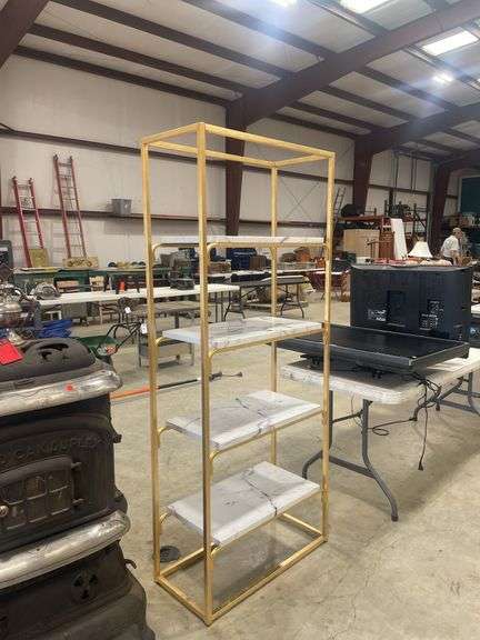 Gold-Tone Metal Frame Display Shelf with Faux Marble Shelves