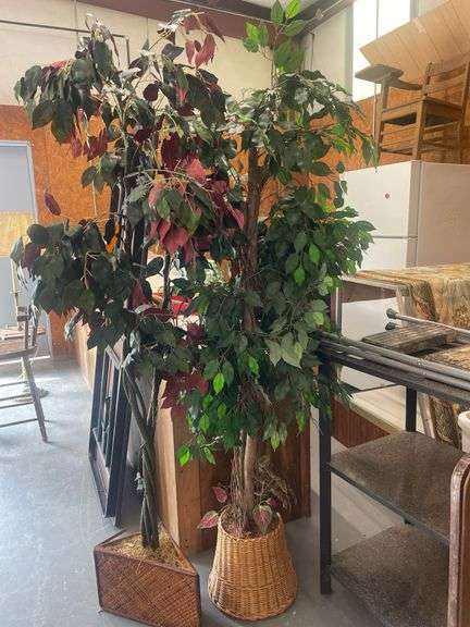 Two Artificial Trees in Woven Baskets
