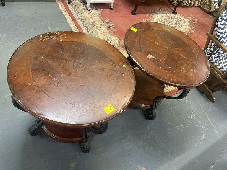 Pair of Round Wood Top Side Tables with Iron Bases