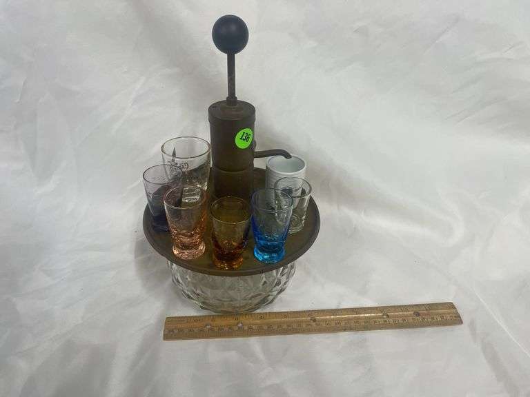 Vintage Liquor Pump Dispenser and Assorted Shot Glasses