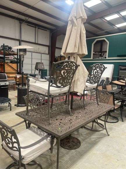 Outdoor Dining Set with Table, Six Chairs, and Umbrella