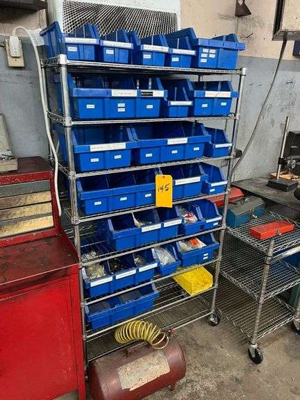 Rolling Shelf with Blue Plastic Tubs
