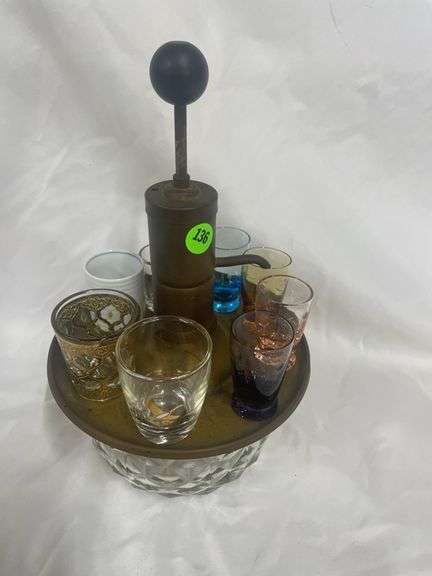 Vintage Liquor Pump Dispenser and Assorted Shot Glasses