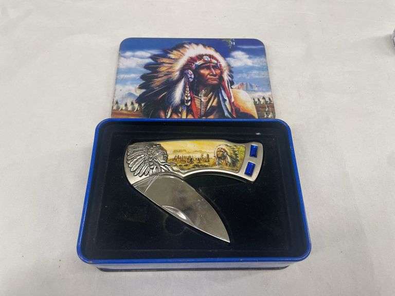 Collectible Native American Themed Pocket Knife with Tin image