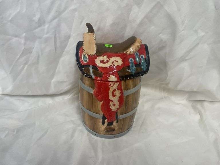 Ceramic Barrel with Saddle Lid Cookie Jar