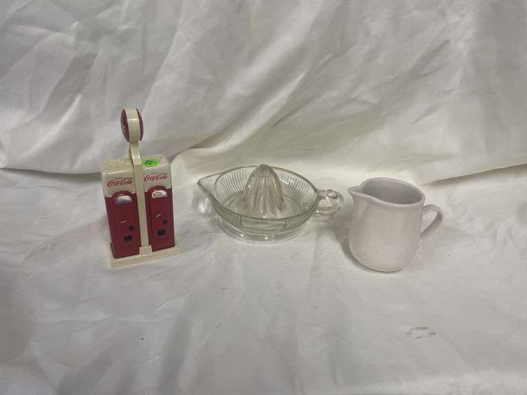 Coca-Cola Salt and Pepper Shakers, Glass Juicer, and Cream Pitcher