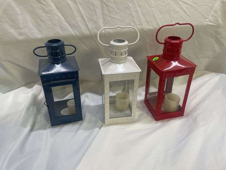 Set of 3 Decorative Metal Lanterns - Red, White, and Blue