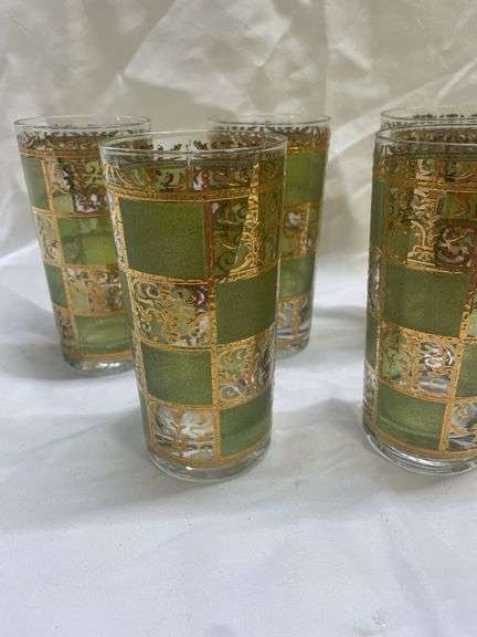 (8) MCM Green & Gold Highball Glasses