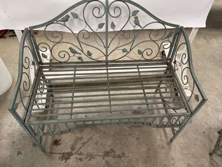Metal Garden Bench with Bird and Leaf Design