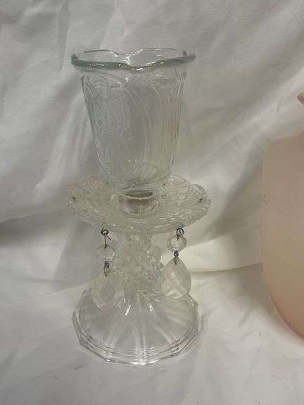 Clear Candleholder with Prisms and Pink Vase