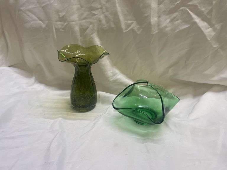 Pair of Green Art Glass Vases