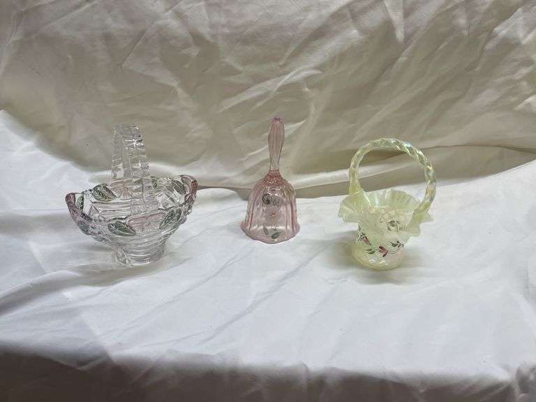 Collection of Fenton and Hand-Painted Glass Baskets and Bell