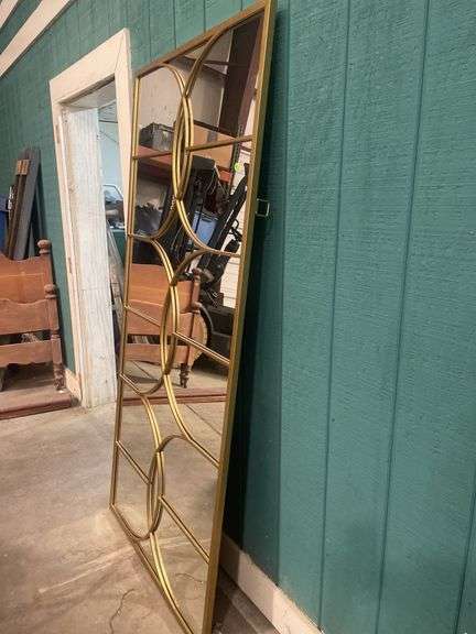 Large Rectangular Mirror with Gold Tone Geometric Frame