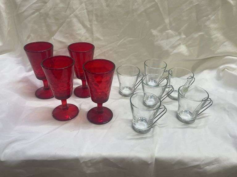 (4) Red Stemmed Goblets and (6) Glass Mugs