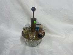 Vintage Liquor Pump Dispenser and Assorted Shot Glasses