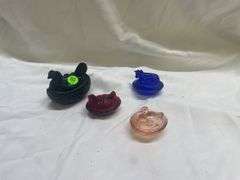 (4) Colored Glass Animal Covered Dishes