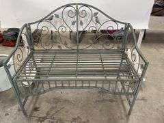 Metal Garden Bench with Bird and Leaf Design