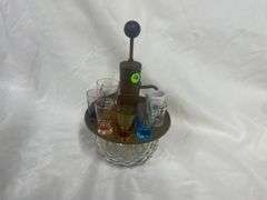 Vintage Liquor Pump Dispenser and Assorted Shot Glasses