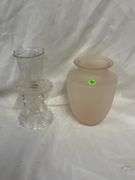 Clear Candleholder with Prisms and Pink Vase
