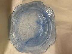 Blue Glass Plate and Stoneware Pitcher