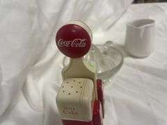Coca-Cola Salt and Pepper Shakers, Glass Juicer, and Cream Pitcher