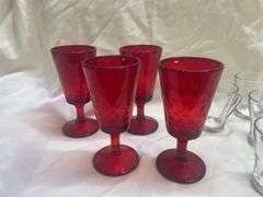 (4) Red Stemmed Goblets and (6) Glass Mugs