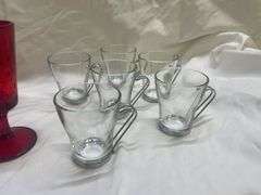 (4) Red Stemmed Goblets and (6) Glass Mugs