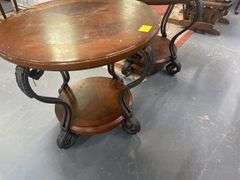 Pair of Round Wood Top Side Tables with Iron Bases