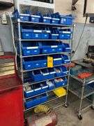Rolling Shelf with Blue Plastic Tubs