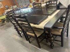 Dining Table with Six Ladder-Back Chairs and Two Leaves