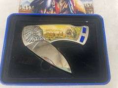 Collectible Native American Themed Pocket Knife with Tin