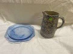 Blue Glass Plate and Stoneware Pitcher