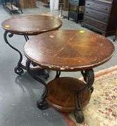 Pair of Round Wood Top Side Tables with Iron Bases