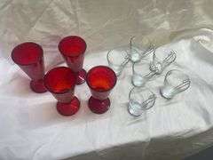 (4) Red Stemmed Goblets and (6) Glass Mugs